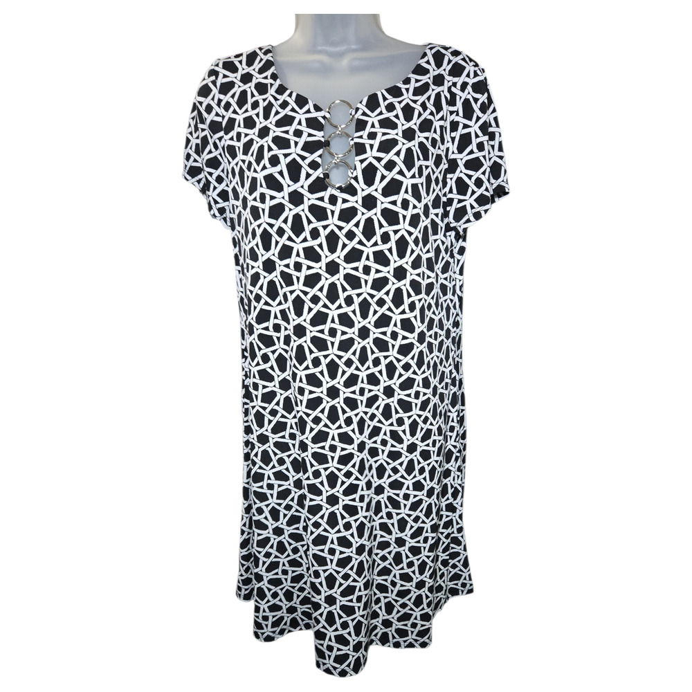 MSK Wom LG Short Sleeve Dress Black White Geometric Y2K Office Wear Spring EUC